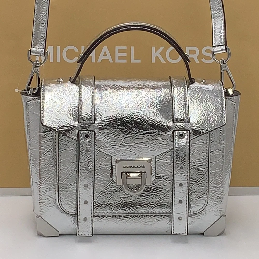 MICHAEL KORS MANHATTAN MEDIUM TOP HANDLE SCHOOL SATCHEL CROSSBODY BAG SILVER